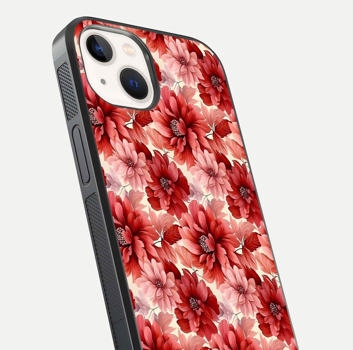 Crimson Love Petals Glass Case for iPhone 14 close-up highlighting petal texture and light reflection