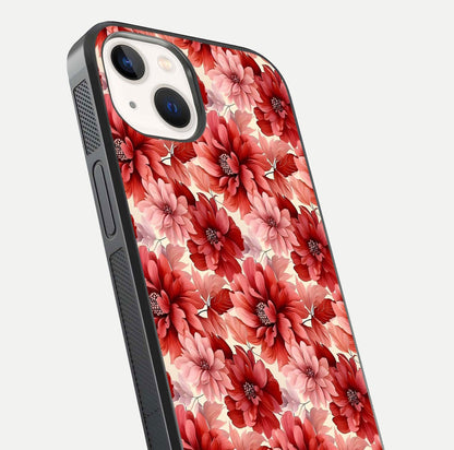 Crimson Love Petals Glass Case for iPhone 14 close-up highlighting petal texture and light reflection