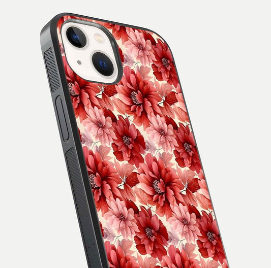Crimson Love Petals Glass Case for iPhone 14 close-up highlighting petal texture and light reflection