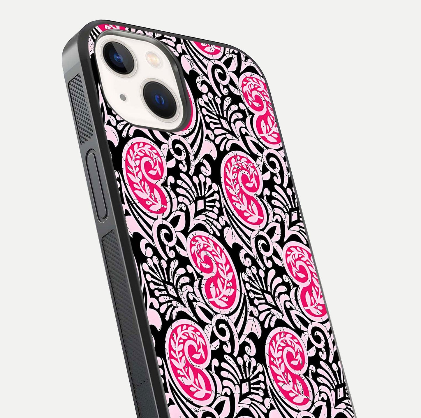 Crimson Paisley Charm Glass Case for iPhone 14 close-up highlighting fine pattern detail and reflection tone
