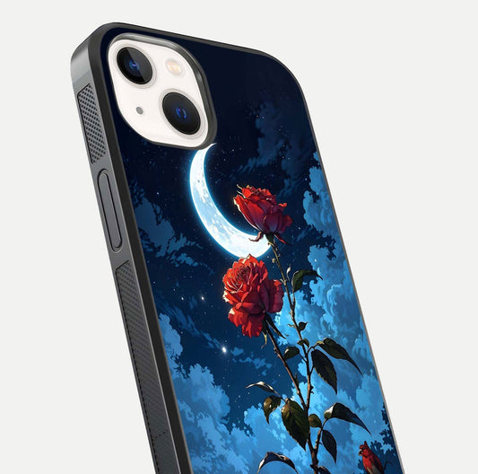 Crimson Rose Moon Glass Case for iPhone 14 close-up showing rose detail and reflection highlight