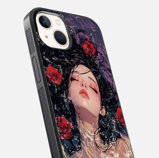 Crimson Rose Serenity Glass Case for iPhone 14 close-up highlighting rose gradient and reflection detail