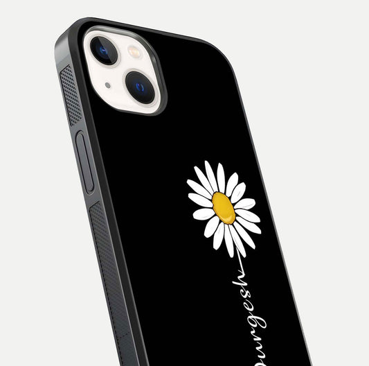 Custom Name White Flower Glass Case for iPhone 14 close-up highlighting petals, name print, and reflection polish