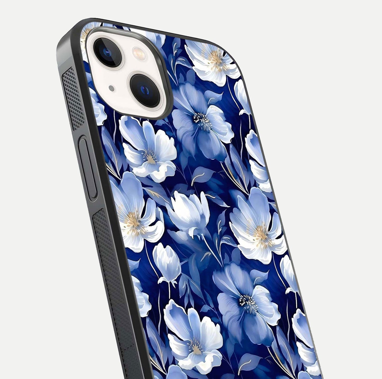 Cute Floral Patterns Glass Case for iPhone 14 close-up highlighting flowers and gloss reflection