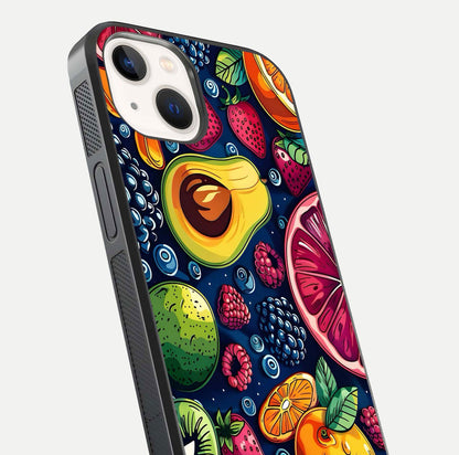 Cute Fruits Art Glass Case for iPhone 14 close-up highlighting fruit shapes, color tones, and reflection polish