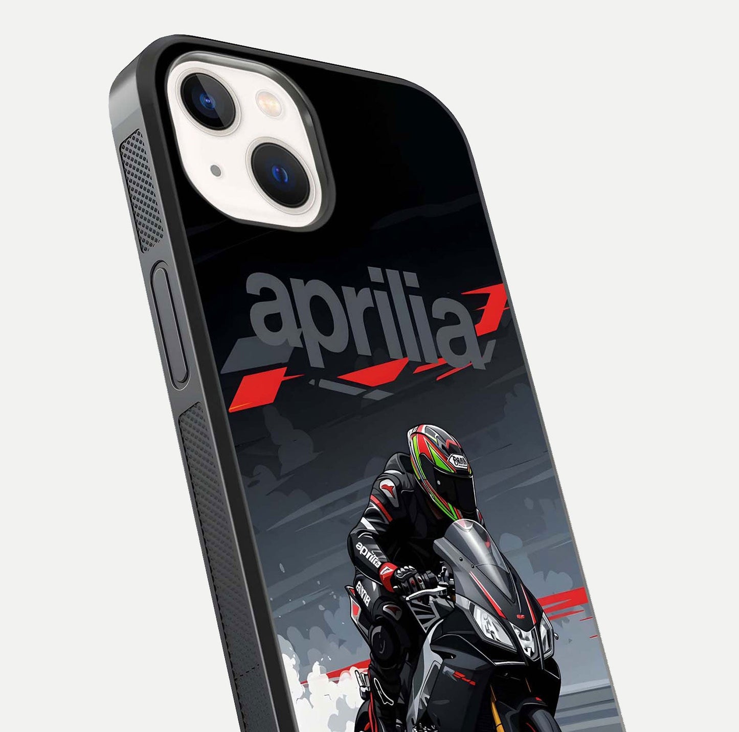 Dark Aprilla Glass Case for iPhone 14 close-up highlighting detailing and reflection effect