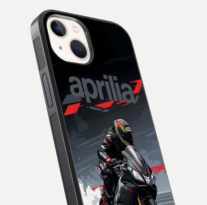 Dark Aprilla Glass Case for iPhone 14 close-up highlighting detailing and reflection effect