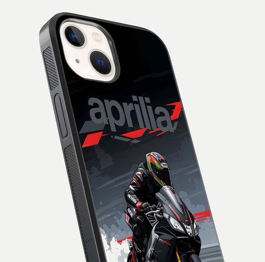 Dark Aprilla Glass Case for iPhone 14 close-up highlighting detailing and reflection effect