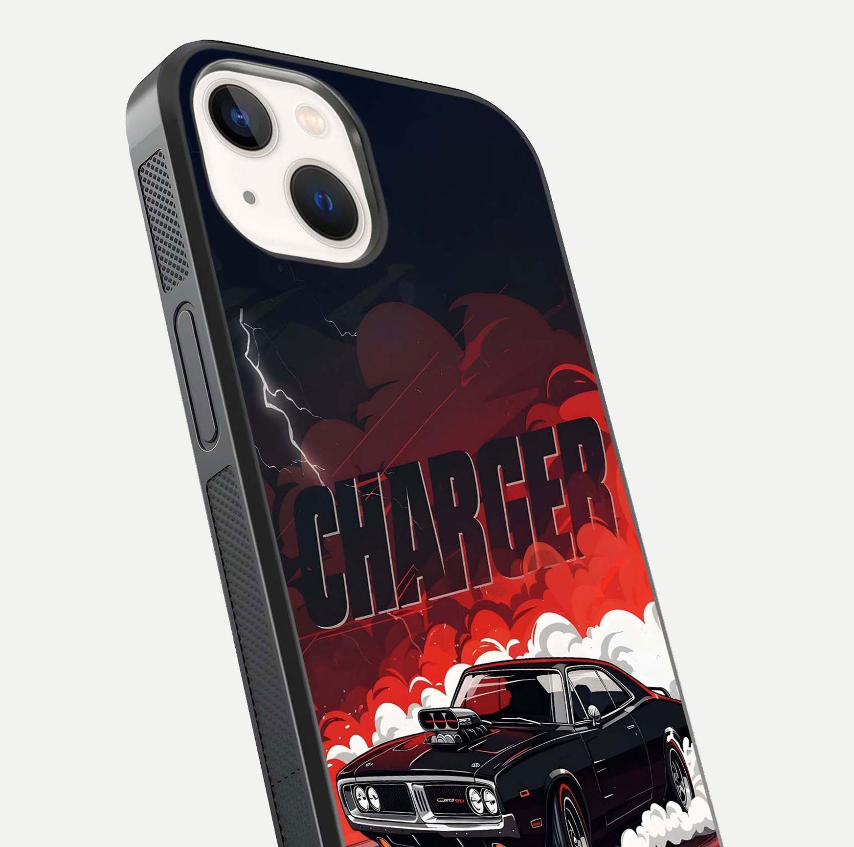 Dark Charger Fury Glass Case for iPhone 14 close-up highlighting car reflection and light gloss