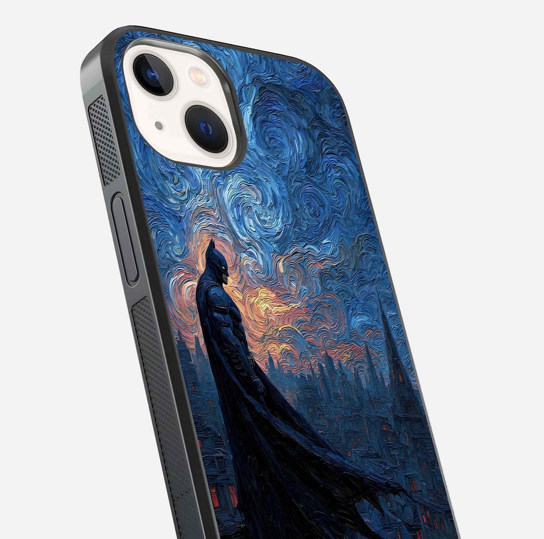 Dark Knight Dusk Glass Case for iPhone 14 close-up highlighting dark suit texture and reflection detail