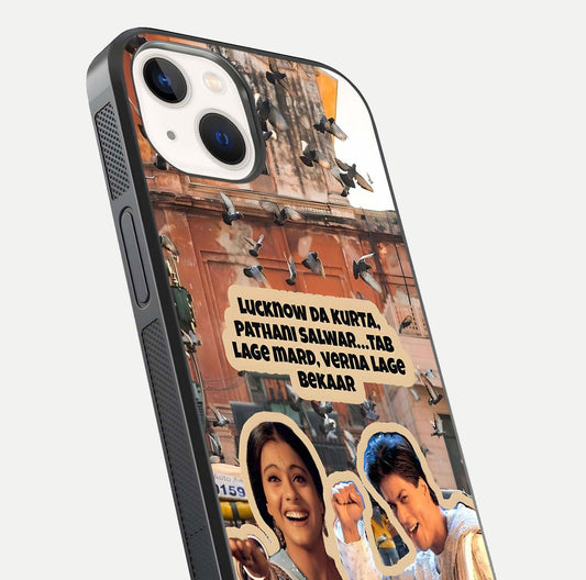 Desi Retro Vibes Glass Case for iPhone 14 close-up highlighting retro color palette and reflection glow