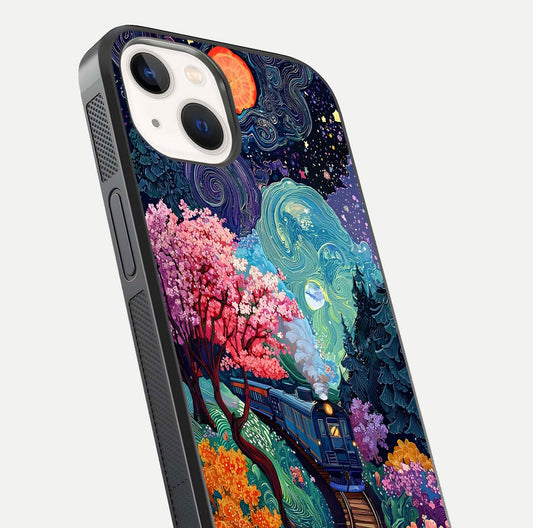 Digital Art Glass Case for iPhone 14 close-up highlighting brush-stroke details and reflection polish