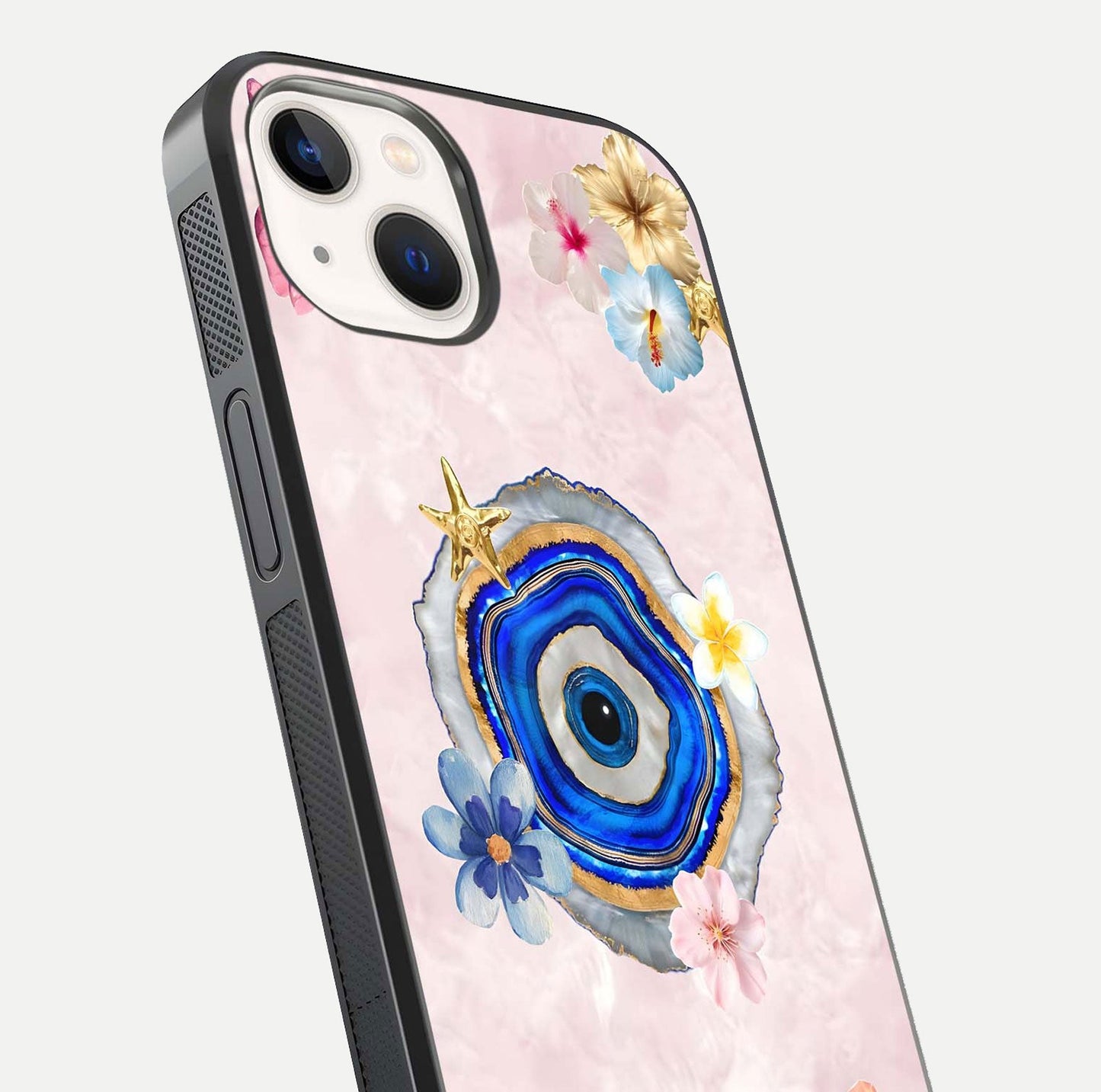 Divine Aura Bloom Glass Case for iPhone 14 close-up highlighting flower glow and reflection tone