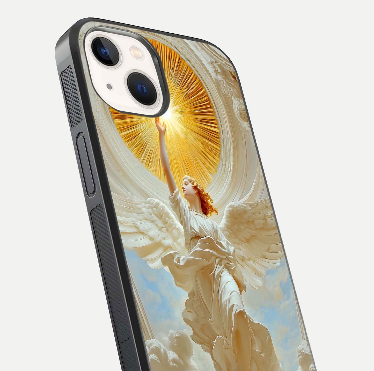 Divine Light Angel Glass Case for iPhone 14 close-up highlighting light rays and glass reflection