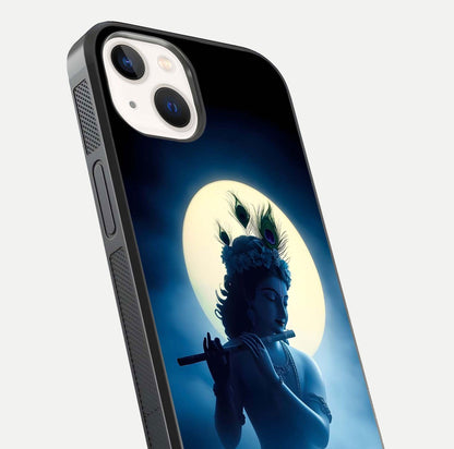 Divine Moon Flute Glass Case for iPhone 14 close-up highlighting flute detail and reflection shine