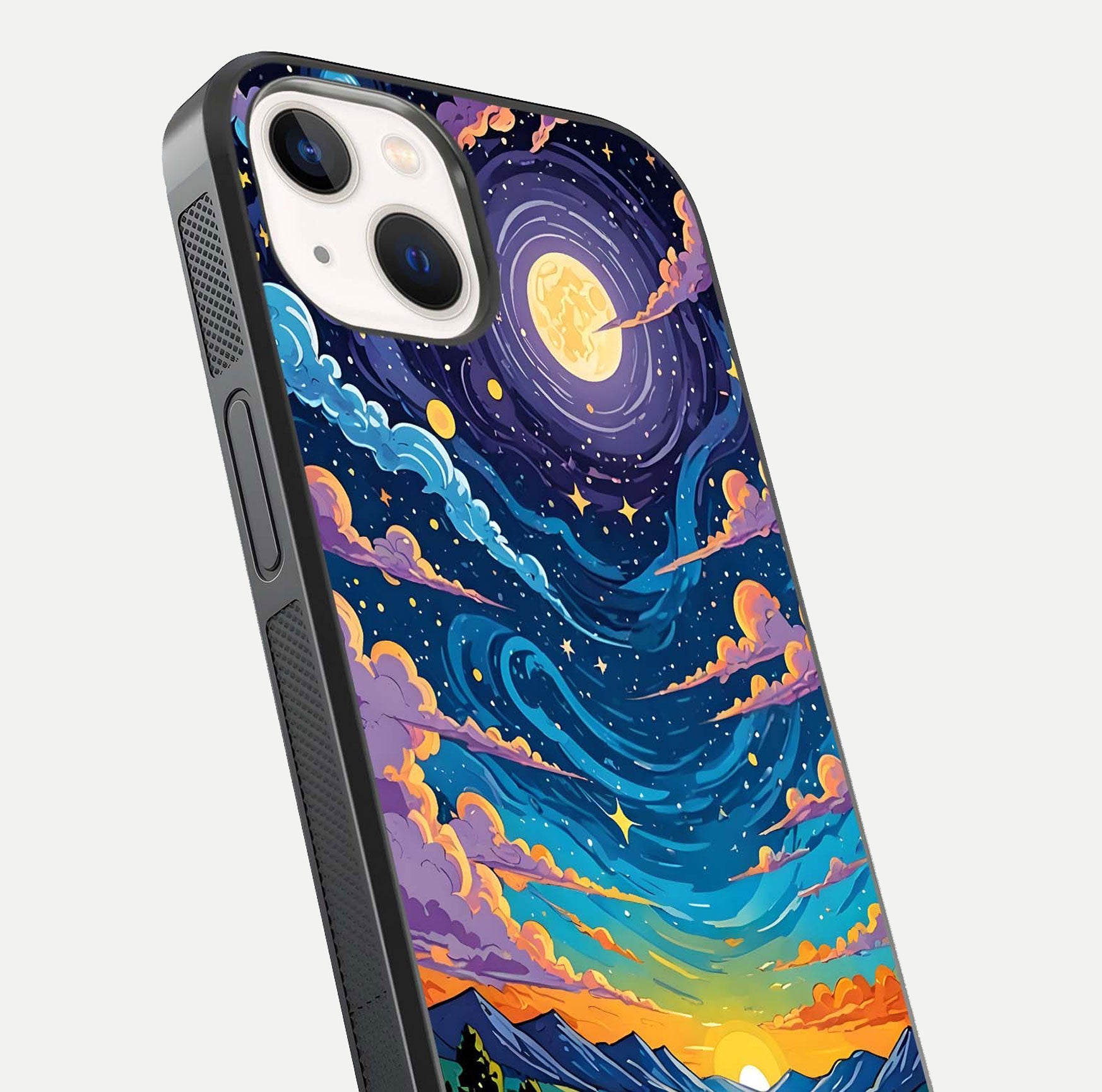 Dreamy Night Landscape Glass Case for iPhone 14 close-up highlighting stars and reflection tone