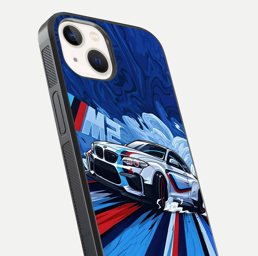 Drift Power Rush Glass Case for iPhone 14 close-up highlighting car reflection and metallic tones