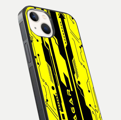 Electric Pulse CYBERPUNK Custom Name Glass Case for iPhone 14 close-up highlighting tech pattern, lighting effect, and reflection shine