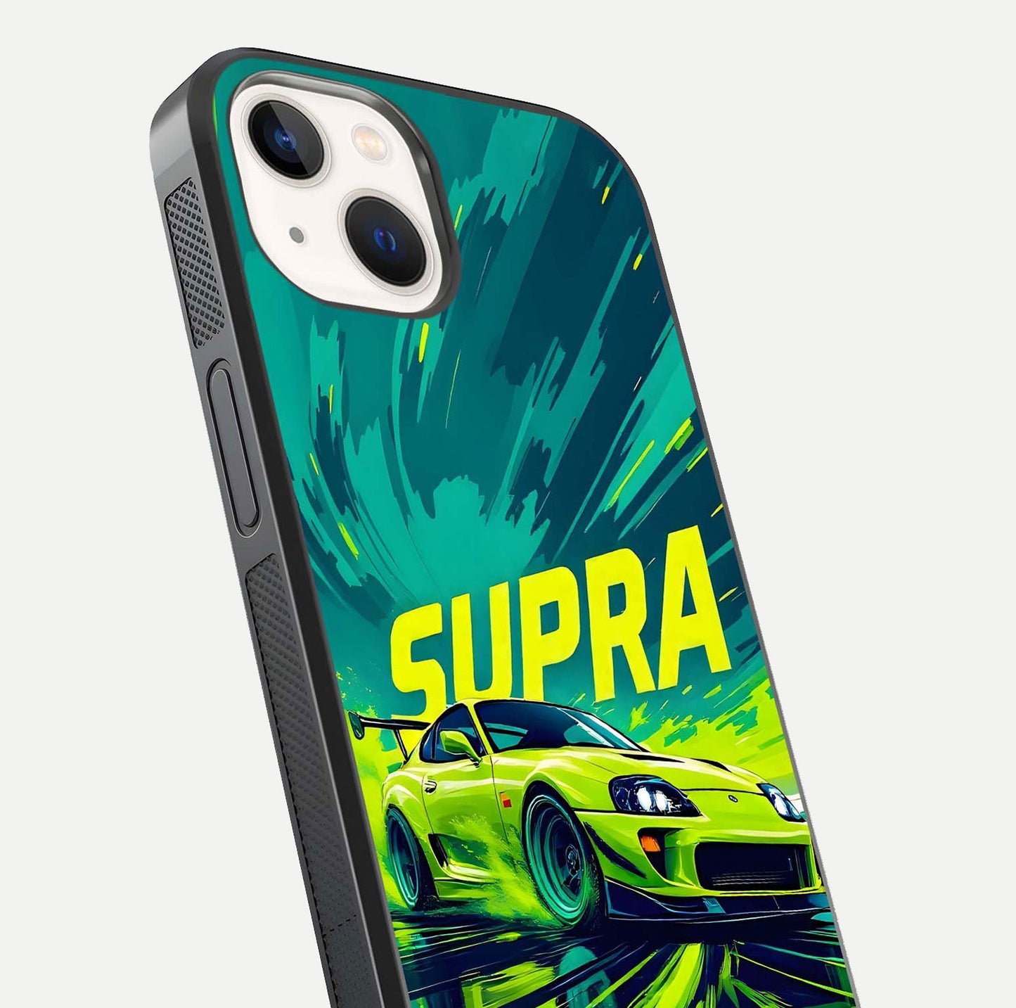 Electric Supra Thunder Glass Case for iPhone 14 close-up highlighting car reflection, neon tones, and gloss polish