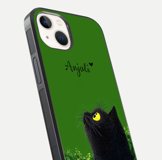 Emerald Cat Custom Name Glass Case for iPhone 14 close-up highlighting feline detail, emerald hues, and reflection polish