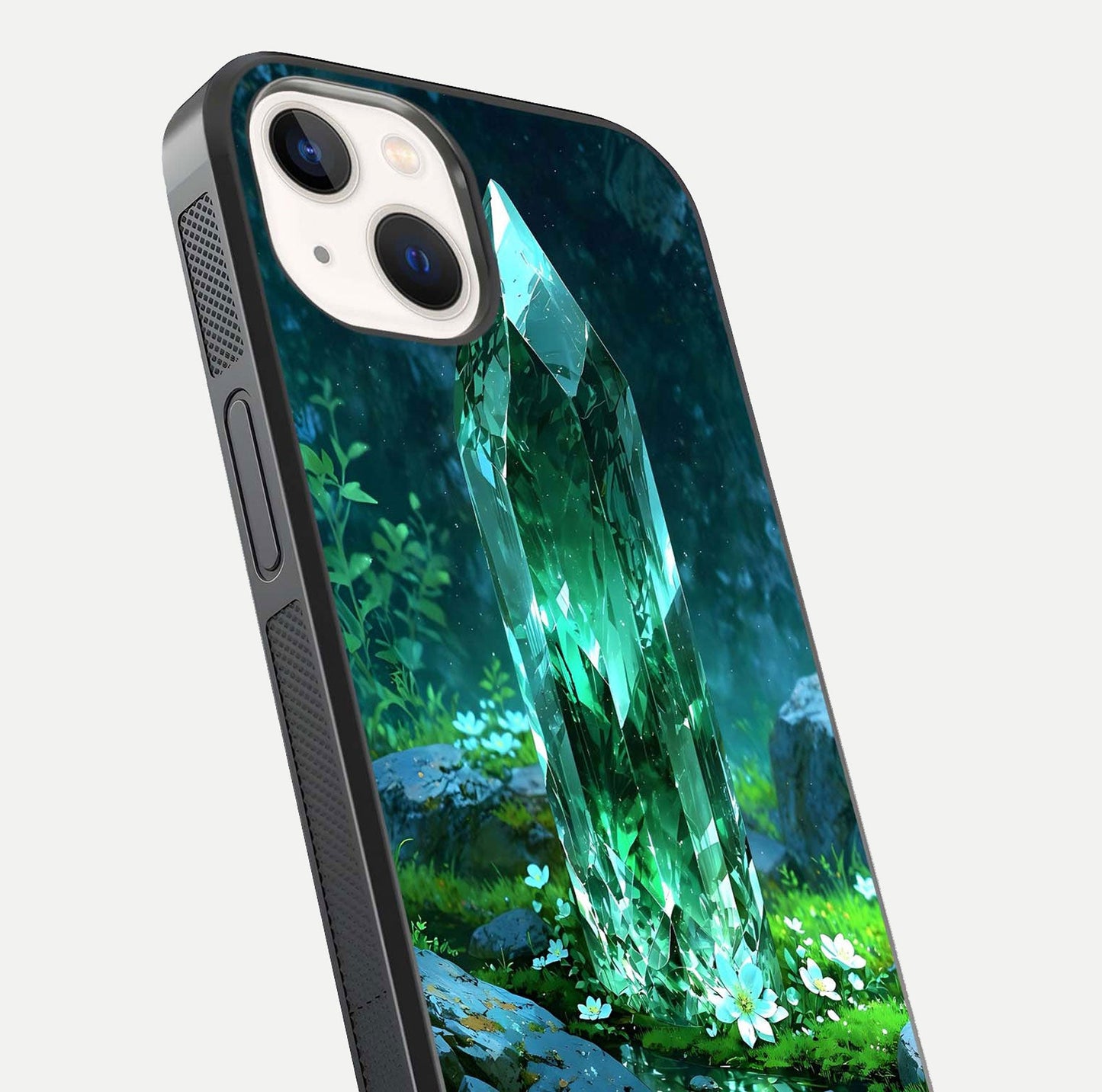 Emerald Light Crystal Glass Case for iPhone 14 close-up highlighting crystal texture and reflection glow
