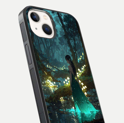 Enchanted Forest Glow Glass Case for iPhone 14 close-up highlighting trees, lights, and reflection texture