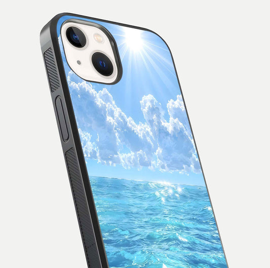 Endless Ocean Horizon Glass Case for iPhone 14 close-up highlighting water texture and reflection shine