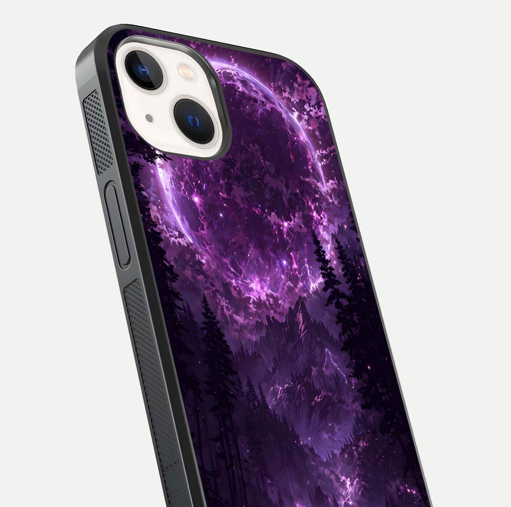 Eternal Cosmic Drive Glass Case for iPhone 14 close-up highlighting cosmic lights and reflection depth