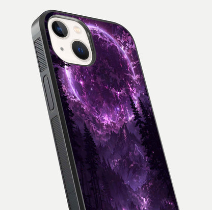 Eternal Cosmic Drive Glass Case for iPhone 14 close-up highlighting cosmic lights and reflection depth