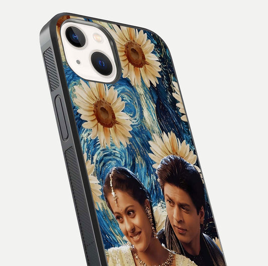 Eternal Love Story Glass Case for iPhone 14 close-up highlighting couple detail and light reflection