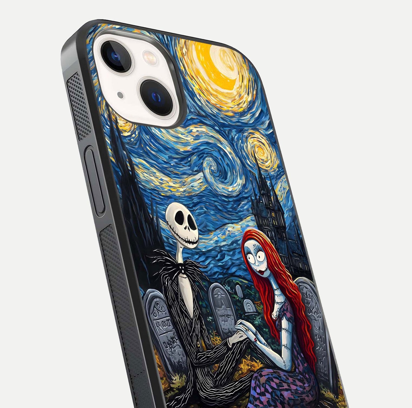 Eternal Night Love Glass Case for iPhone 14 close-up highlighting stars and reflection glow