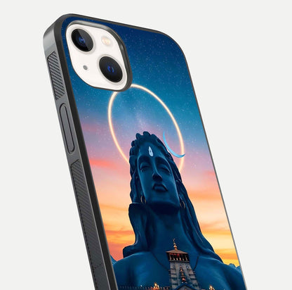 Eternal Shiva Aura Glass Case for iPhone 14 close-up highlighting divine detailing and reflection light