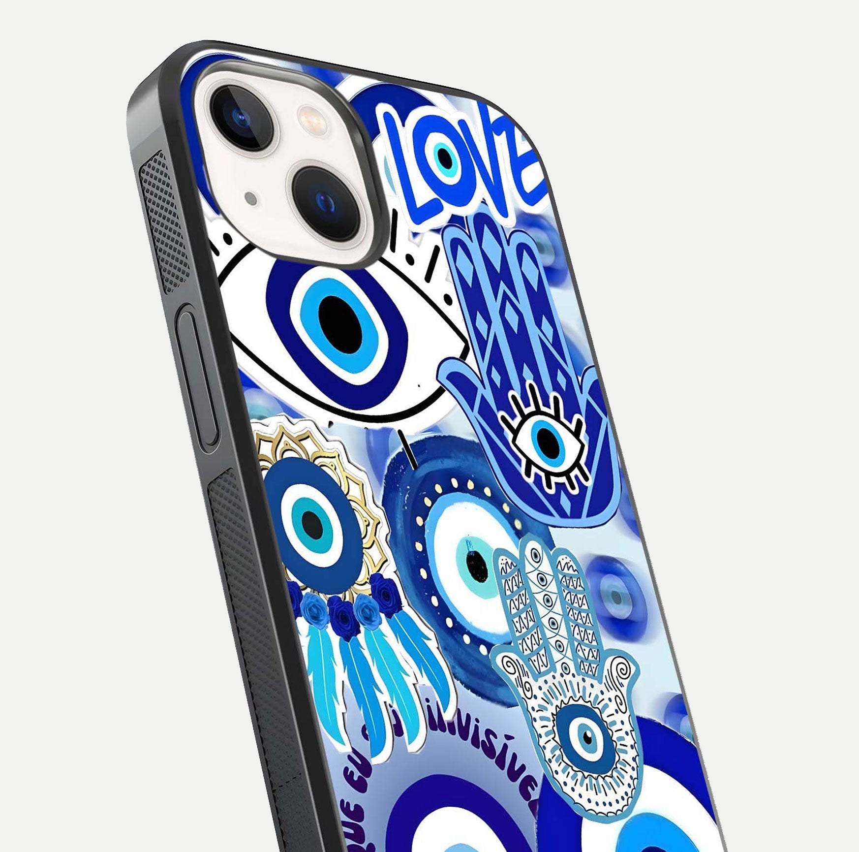 Evil Eyes Dream Glass Case for iPhone 14 close-up highlighting evil-eye charm detail and light reflection on glass