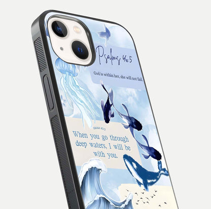 Faithful Ocean Promise Glass Case for iPhone 14 close-up highlighting water reflection and serene blue tones