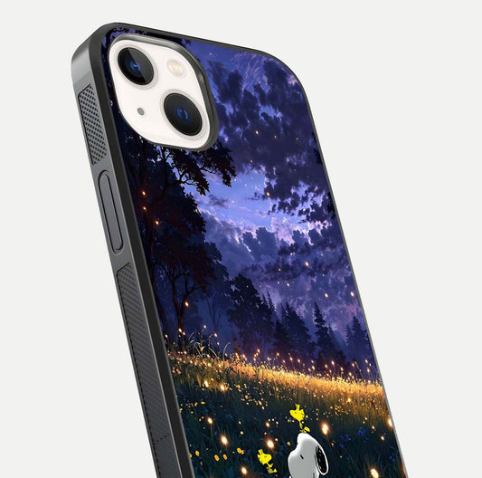 Firefly Meadow Magic Glass Case for iPhone 14 close-up highlighting luminous firefly light and reflection detail