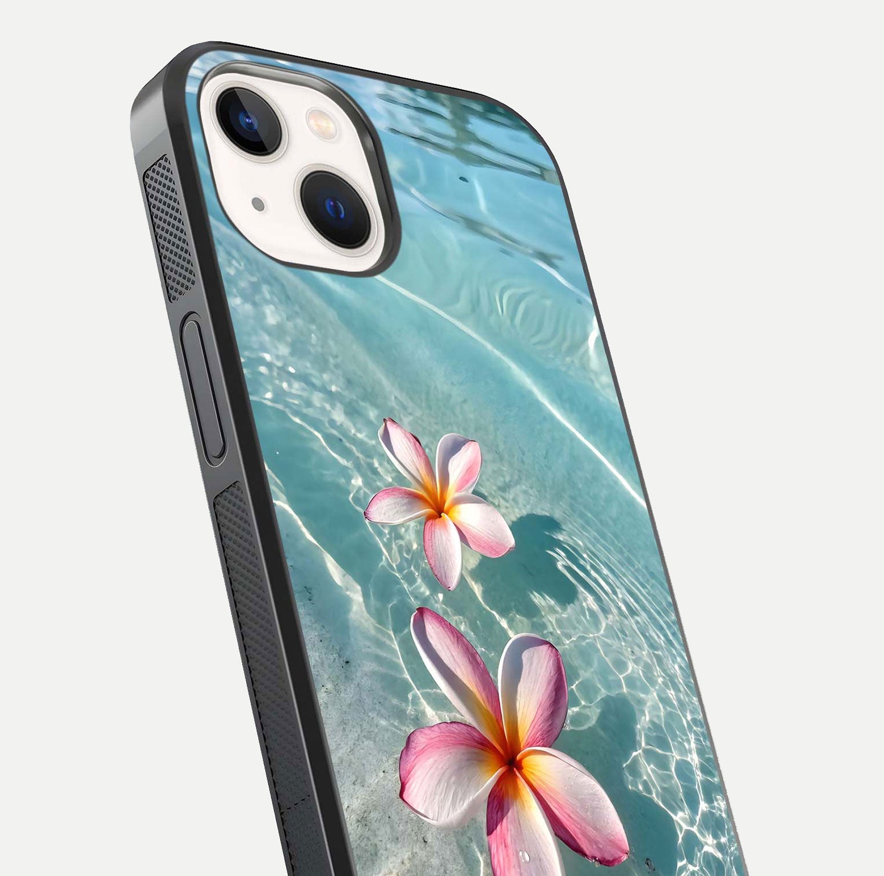 Floating Bloom Bliss Glass Case for iPhone 14 close-up highlighting petal detail and reflection tone