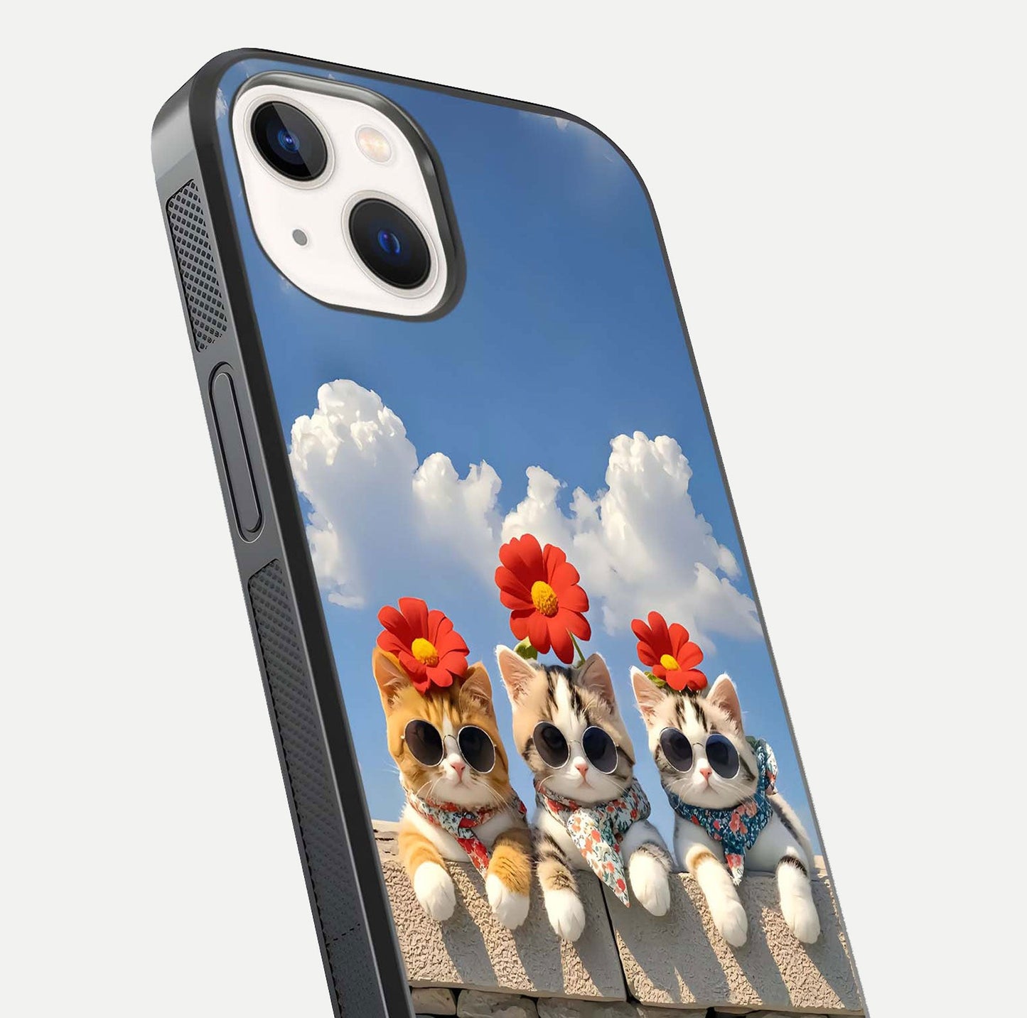 Floral Kitty Squad Glass Case for iPhone 14 close-up highlighting cat detail and flower patterns with HD shine