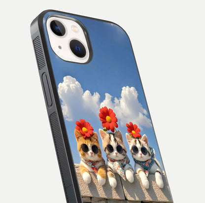 Floral Kitty Squad Glass Case for iPhone 14 close-up highlighting cat detail and flower patterns with HD shine