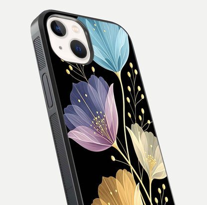 Flower Bloom Glow Glass Case for iPhone 14 close-up highlighting bloom detail and reflection polish