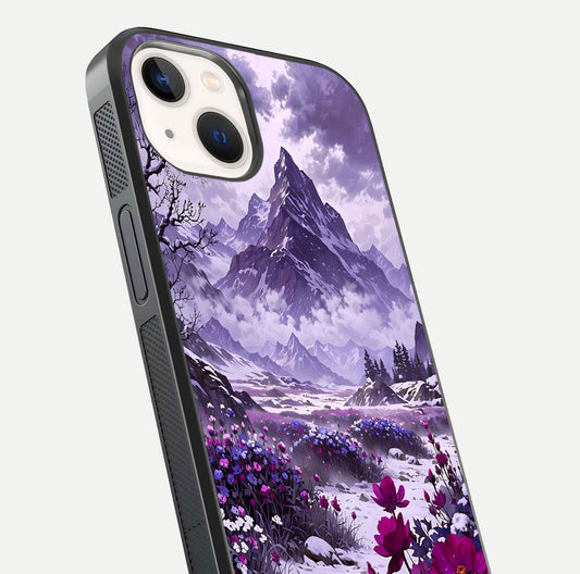 Flower Mountain View Glass Case for iPhone 14 close-up highlighting petal details and sky reflection