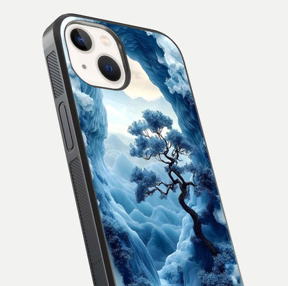 Frozen Serenity Gate Glass Case for iPhone 14 close-up highlighting frosted texture and reflection tone
