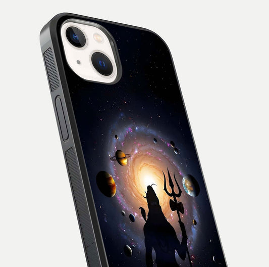 Galactic Shiva Vision Glass Case for iPhone 14 close-up angled shot highlighting divine aura, trident details, and reflection shine