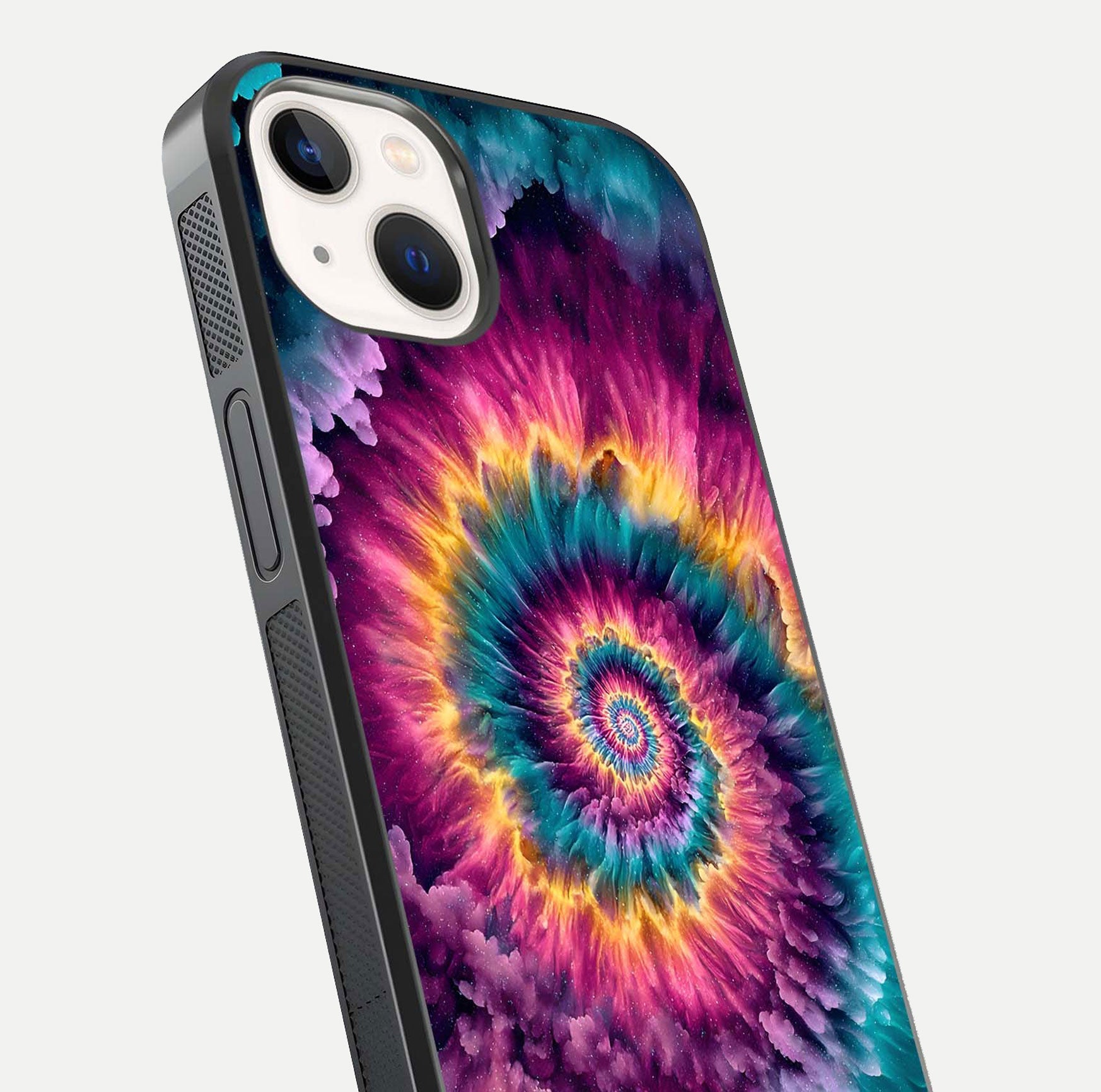 Galactic Spiral Burst Glass Case for iPhone 14 close-up angled shot showing spiral burst detail, neon tones, and glossy reflection