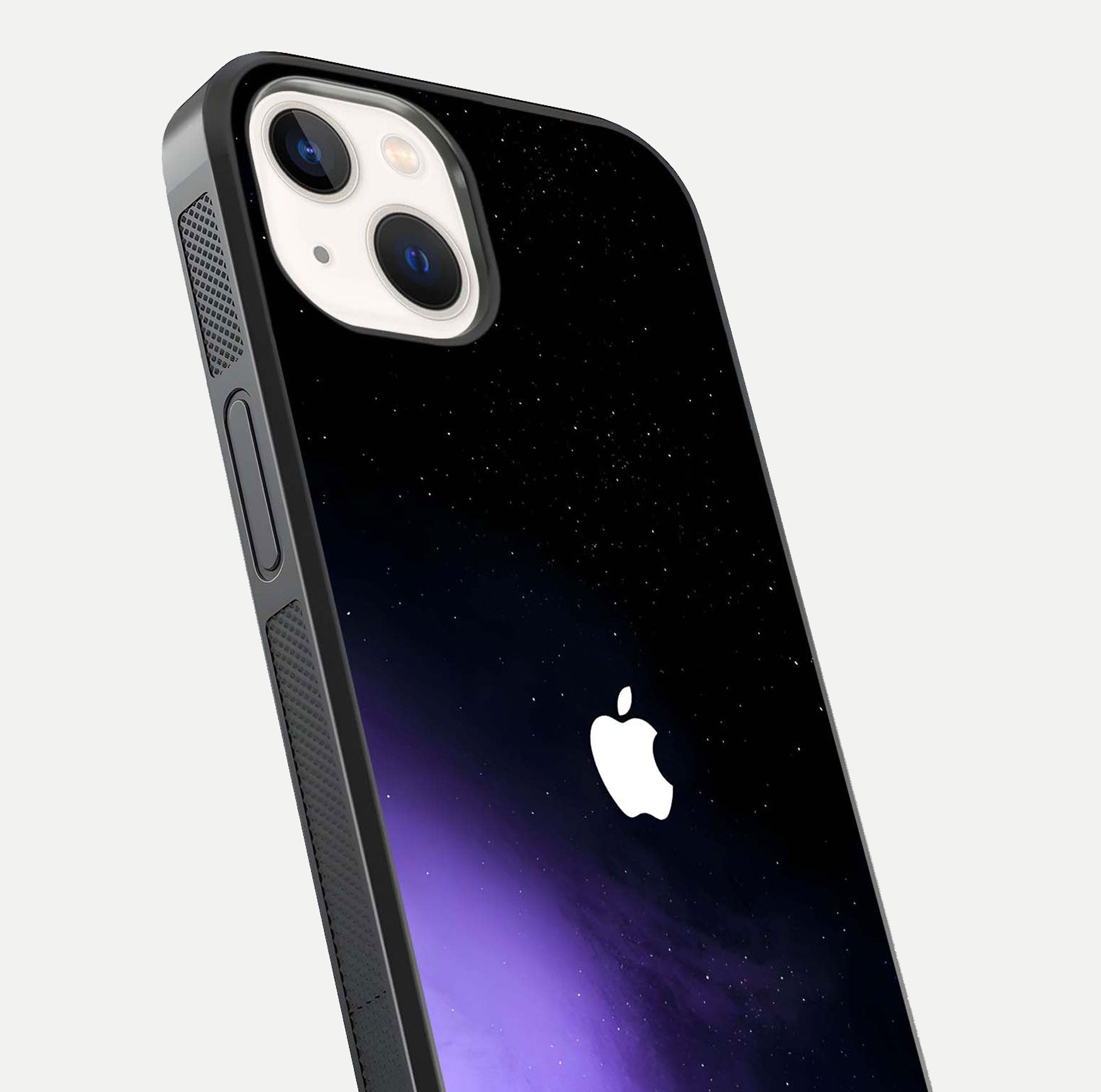 Galaxy Apple Aura Glass Case for iPhone 14 close-up angled shot showing aura lighting and reflection polish