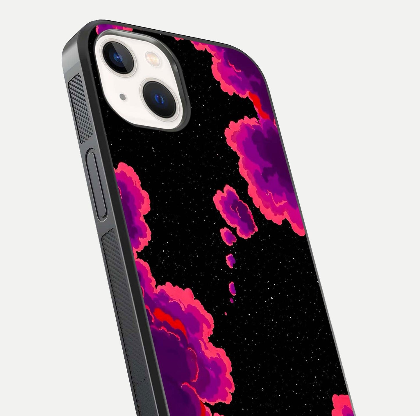 Galaxy Dream Frame Glass Case for iPhone 14 close-up angled shot showing nebula patterns and reflection glow