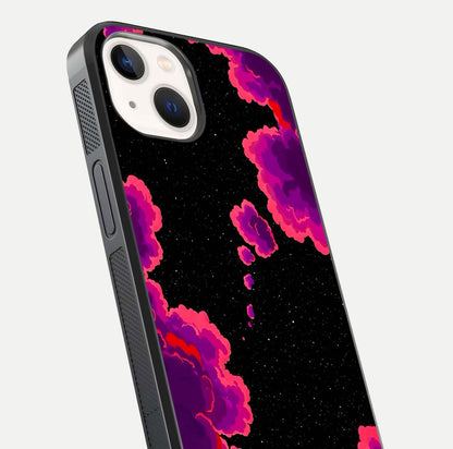 Galaxy Dream Frame Glass Case for iPhone 14 close-up angled shot showing nebula patterns and reflection glow