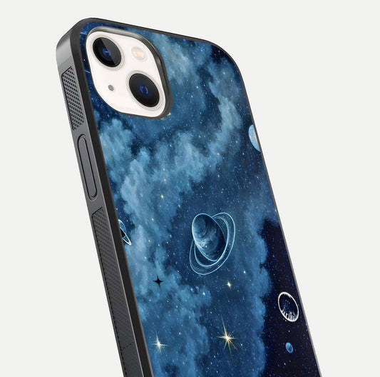 Galaxy Dream Space Glass Case for iPhone 14 close-up angled shot highlighting nebula details and reflection shine