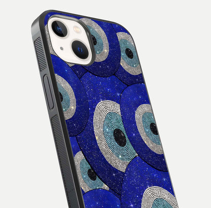 Galaxy Eye Flow Glass Case for iPhone 14 close-up angled shot showing vivid swirl detail and reflection brightness
