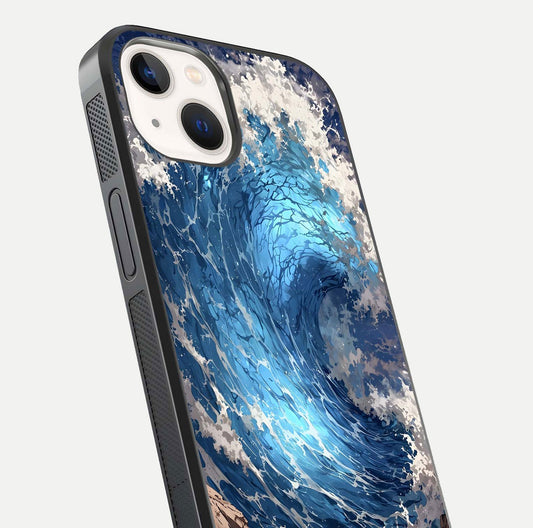 Giant Ocean Wave Glass Case for iPhone 14 close-up angled shot showing wave texture and water reflection shine