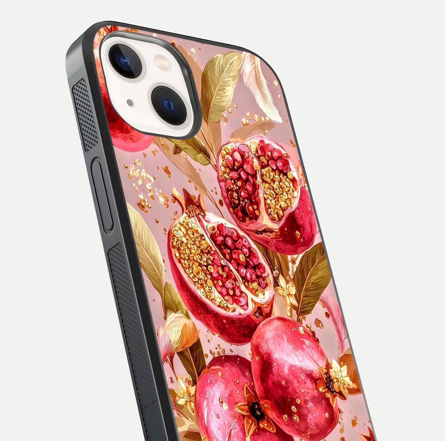Golden Bloom Glow Glass Case for iPhone 14 close-up angled shot showing metallic tones and reflection brilliance